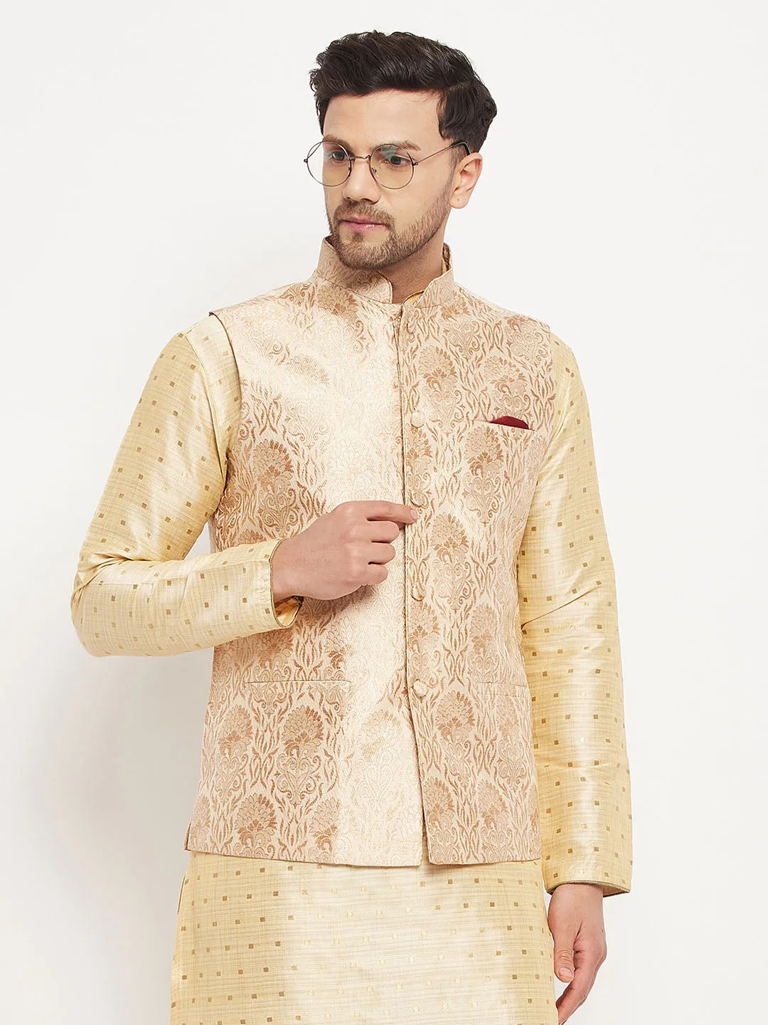 Jashvi Men's Rose Gold Jacquard Nehru Jacket