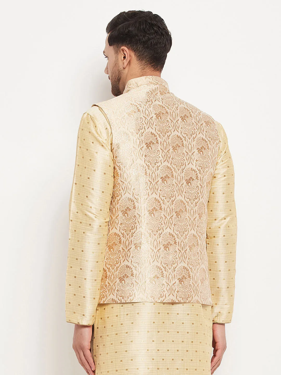 Jashvi Men's Rose Gold Jacquard Nehru Jacket