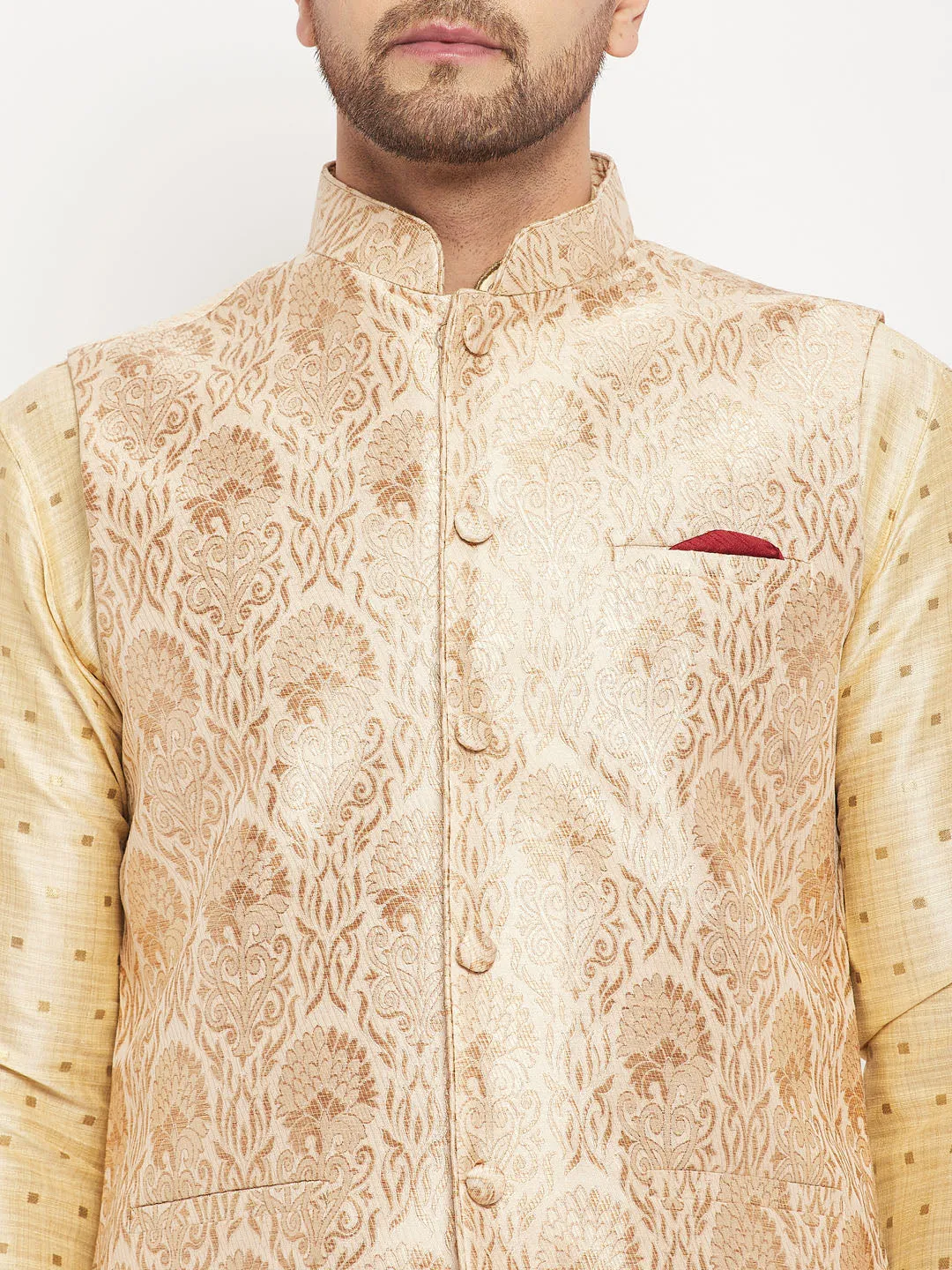 Jashvi Men's Rose Gold Jacquard Nehru Jacket