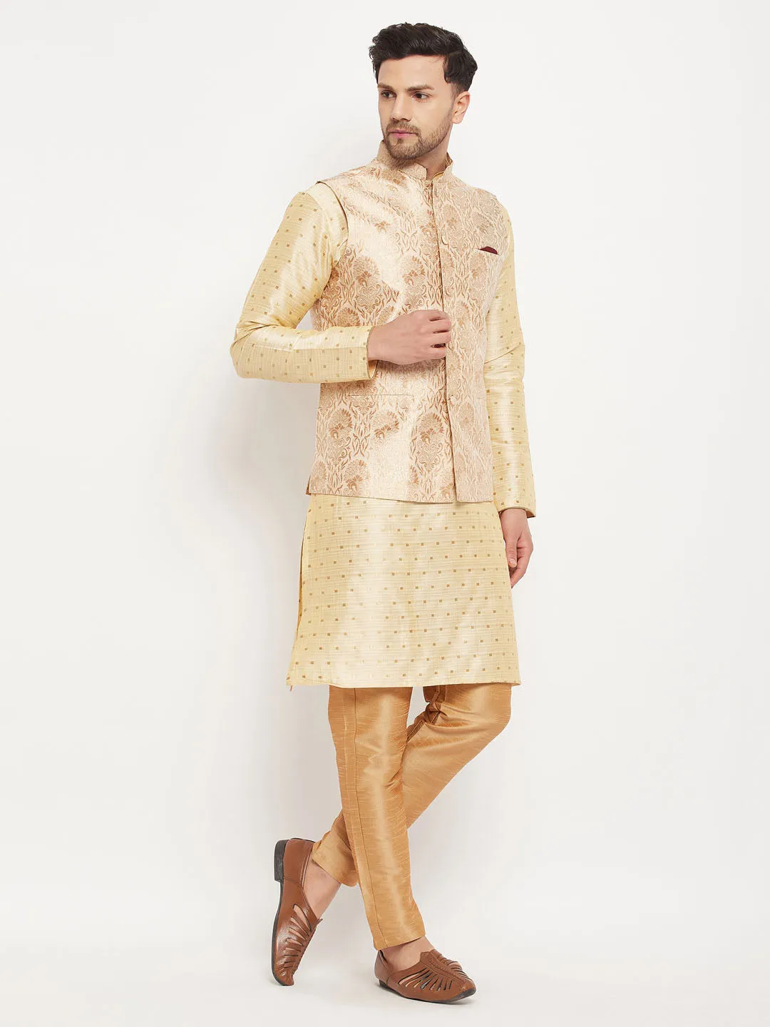 Jashvi Men's Rose Gold Jacquard Nehru Jacket