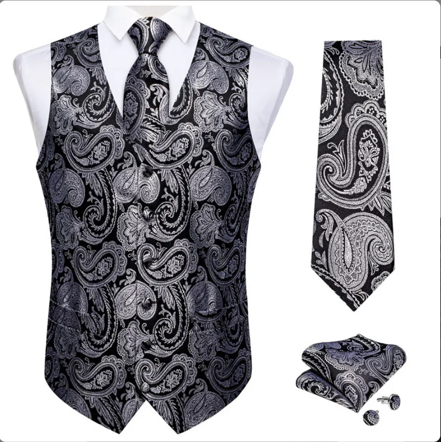 Jinquedai 90s fashion Vest Suit Customized Men's Casual Business Formal Suit Vest Men's Tie Bow Tie Pocket Towel Four-Piece Set