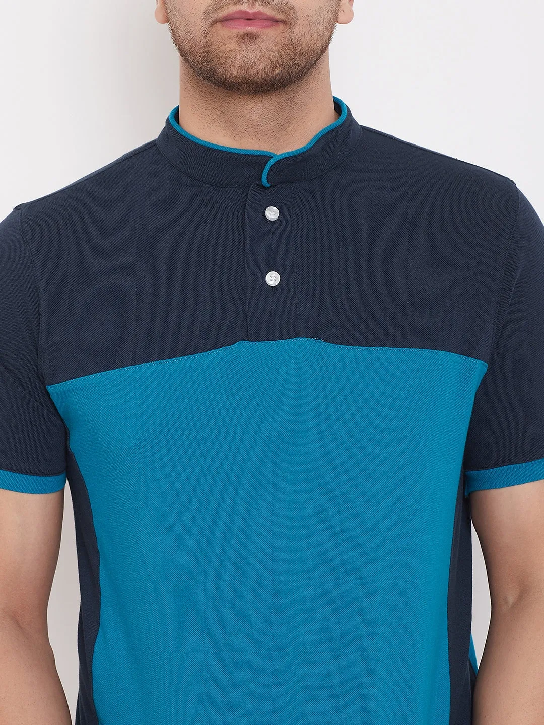 JUMP USA Men Colourblocked Ocean Blue Polo T-shirt