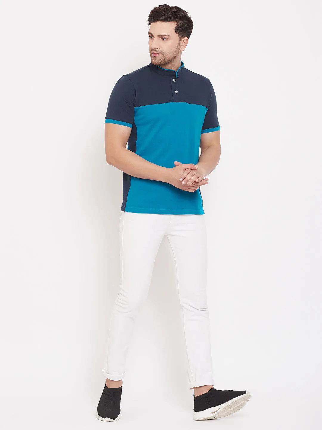 JUMP USA Men Colourblocked Ocean Blue Polo T-shirt