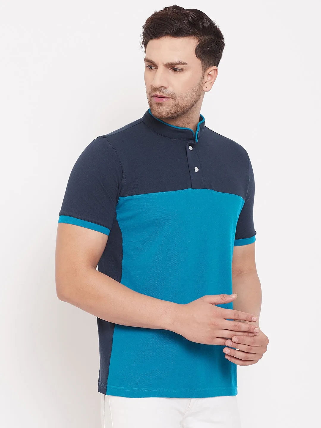 JUMP USA Men Colourblocked Ocean Blue Polo T-shirt