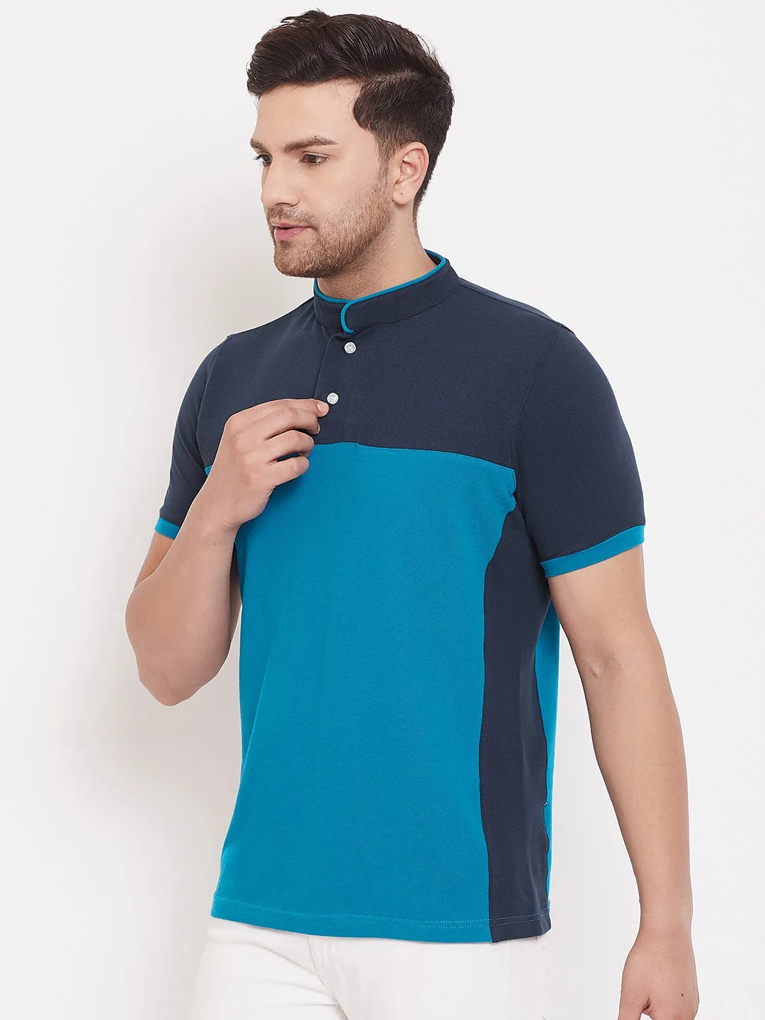 JUMP USA Men Colourblocked Ocean Blue Polo T-shirt