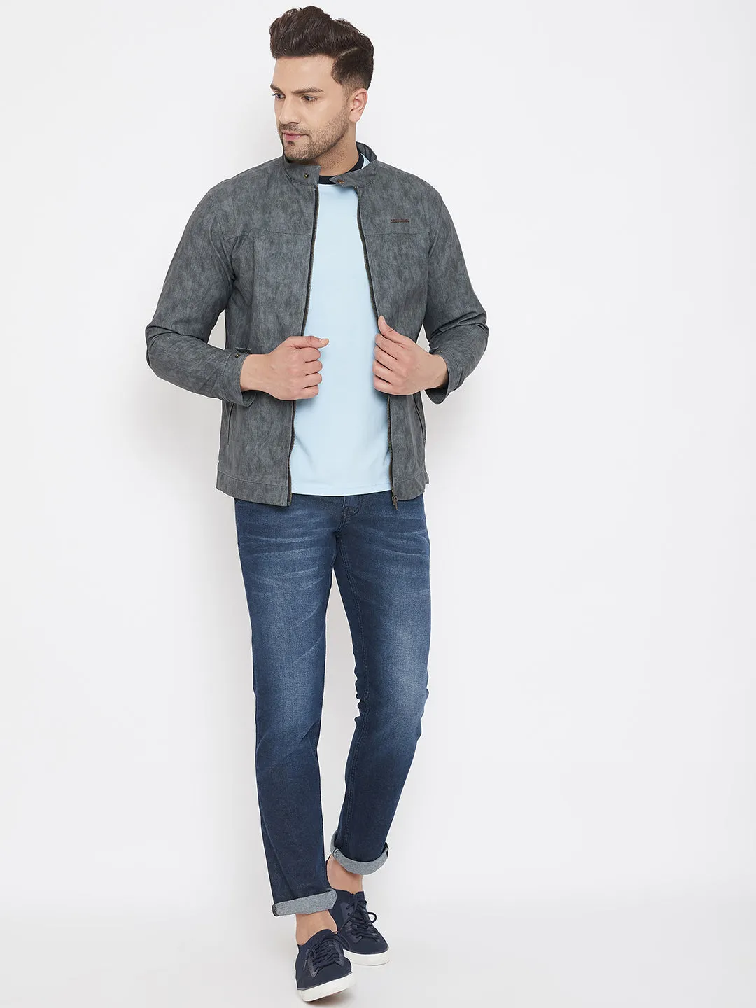 JUMP USA Men Grey Solid Leather Jacket