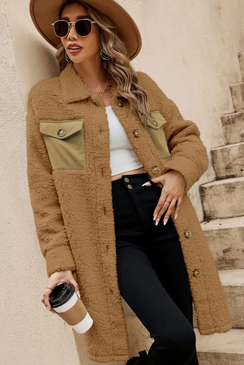 Khaki Contrast Flap Pocket Single Breasted Teddy Coat