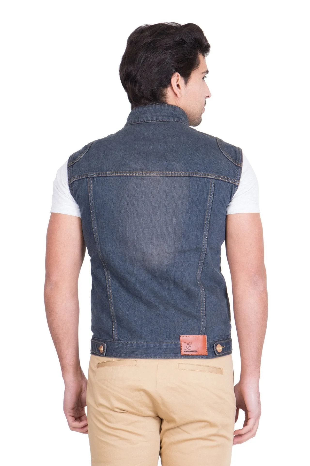 Krossstitch Sleeveless Grey Men's Denim Jacket with Zipper