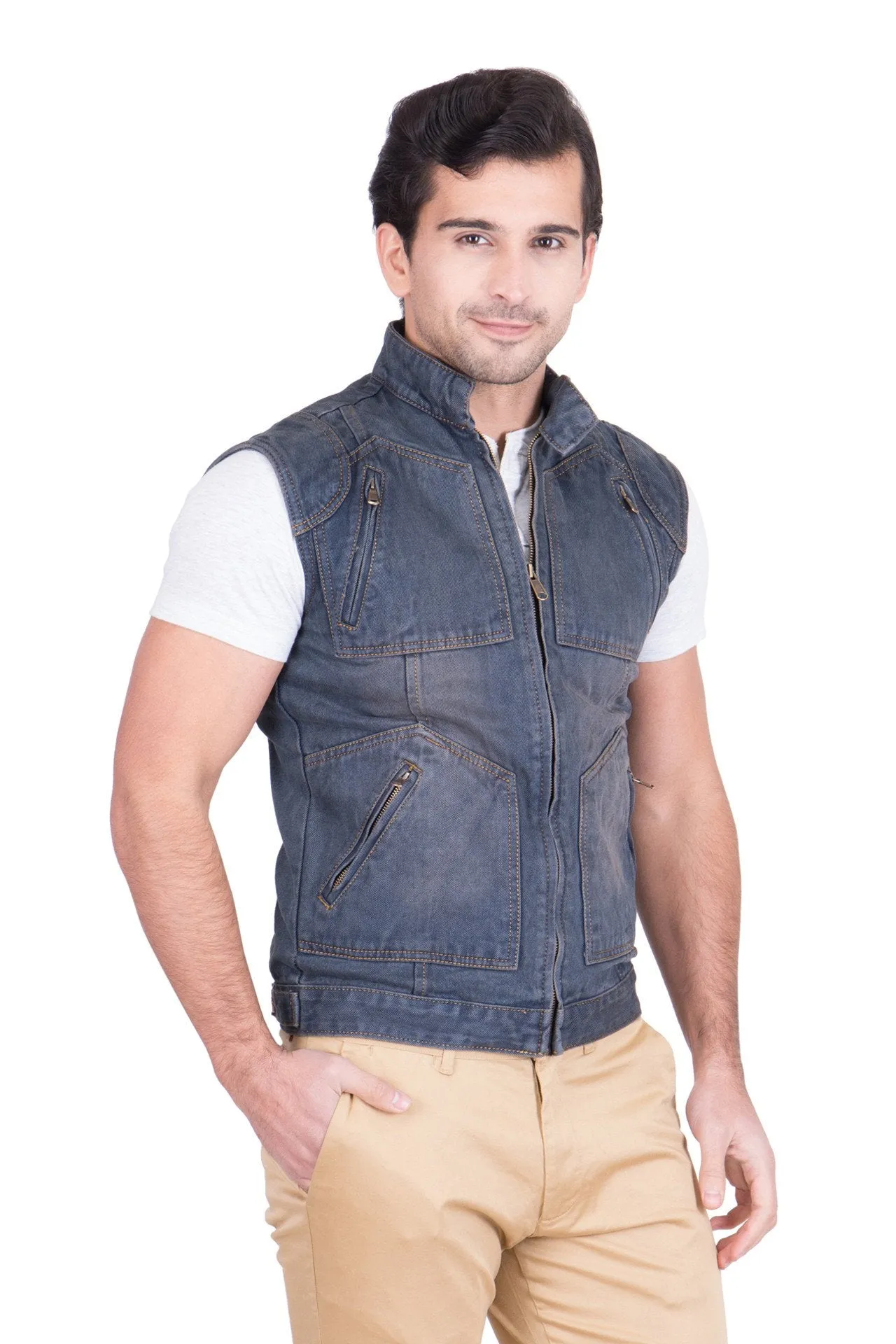 Krossstitch Sleeveless Grey Men's Denim Jacket with Zipper