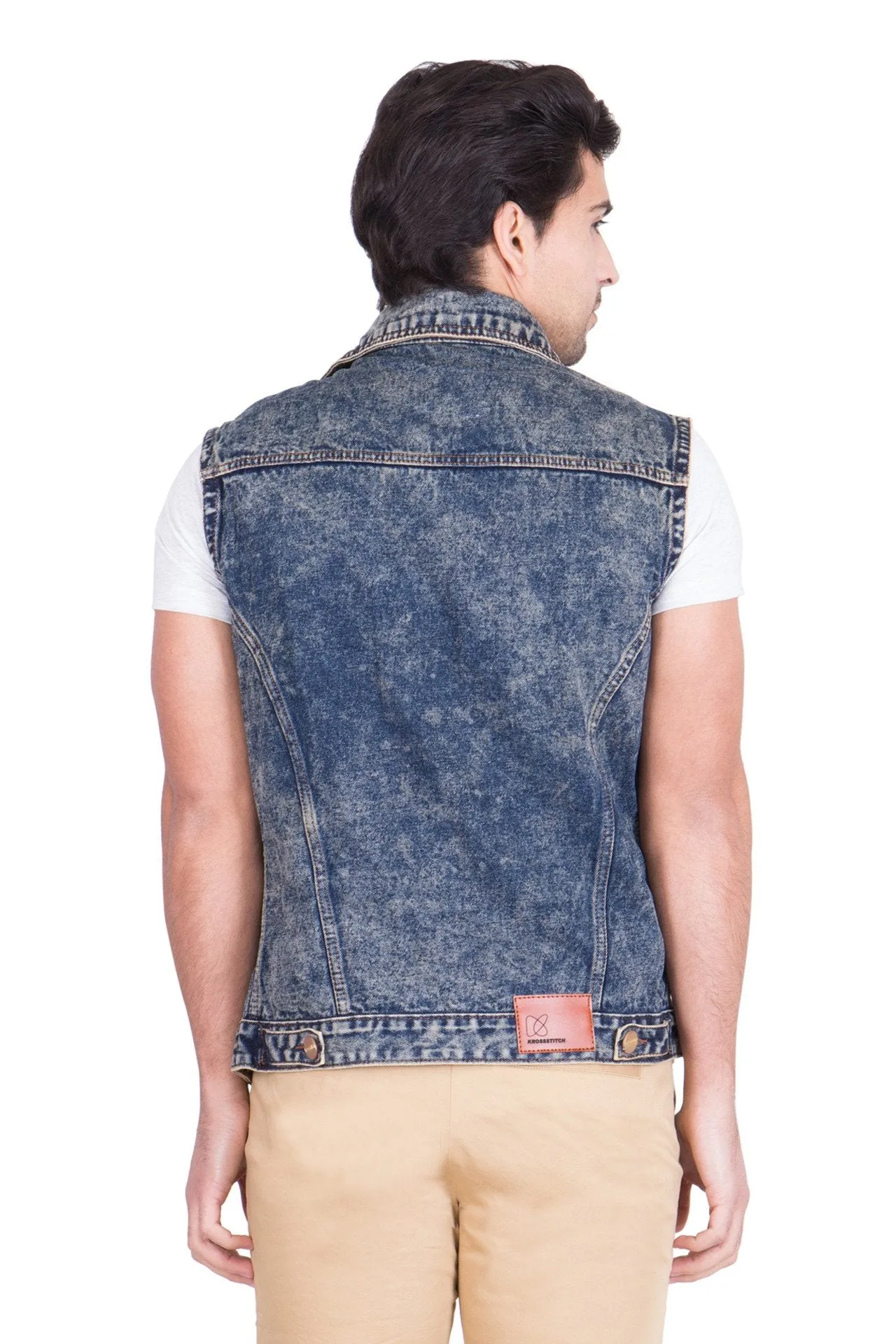 Krossstitch Sleeveless Orange Cloud Wash Men's Denim Jacket with Brass Button