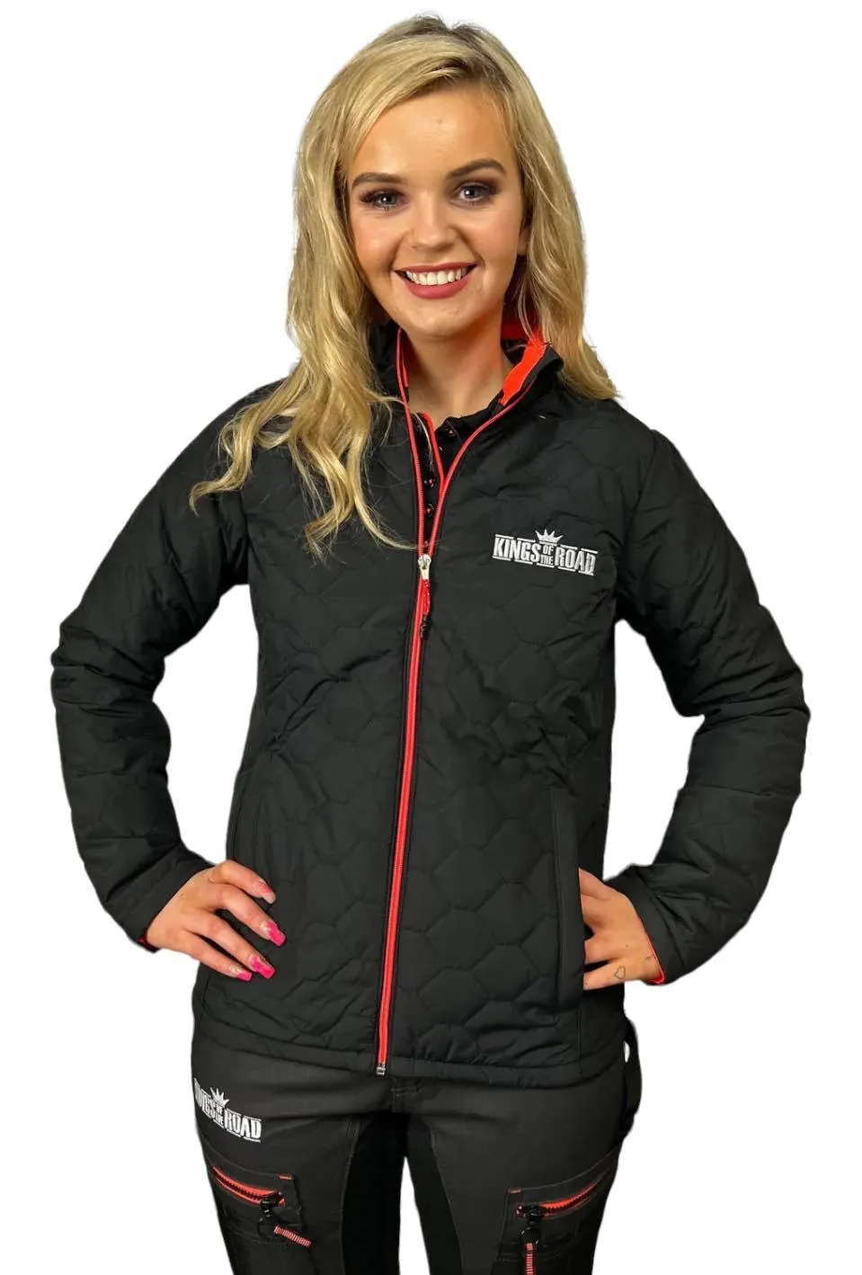 LADIES HONEYCOMB JACKET BLACK DESIGN WITH ORANGE TRIM