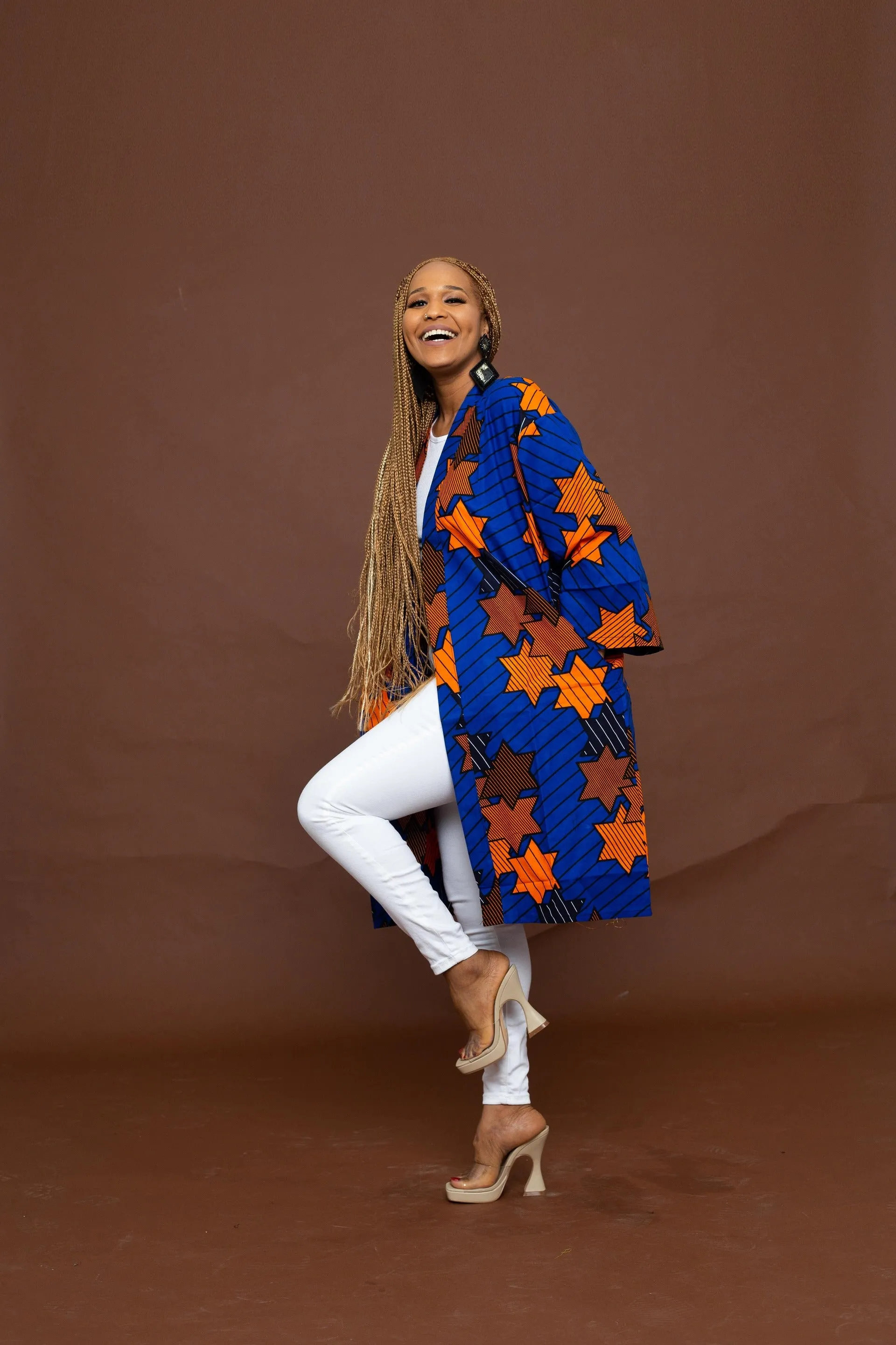 Lara Ankara Midi Kimono Jacket | Blue and Orange African Print