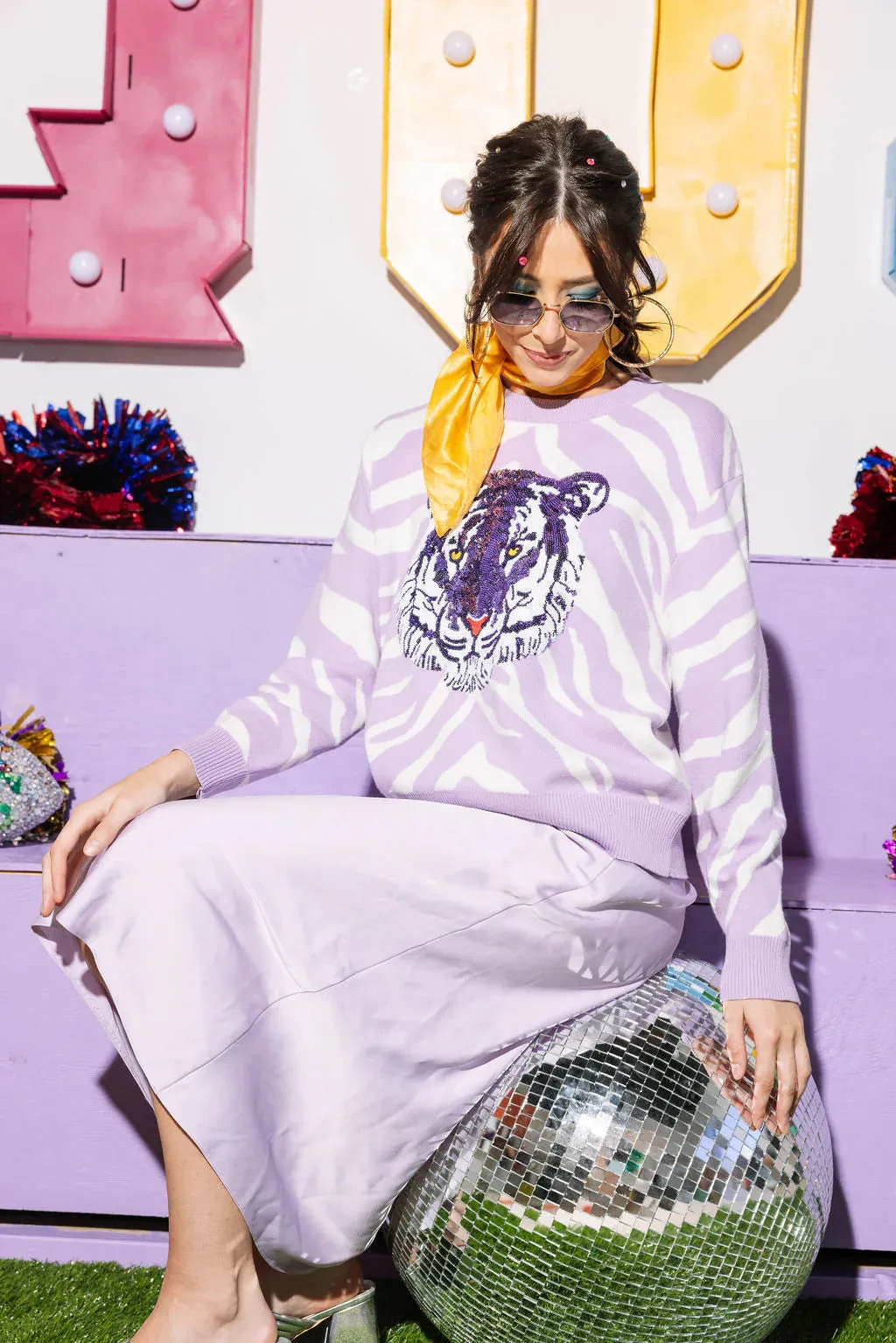 Lavender & White Tiger Head Long Sleeve Sweater- Women's