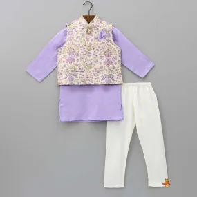 Lovely Lilac Kurta With Floral Embroidered Jacket And Pyjama