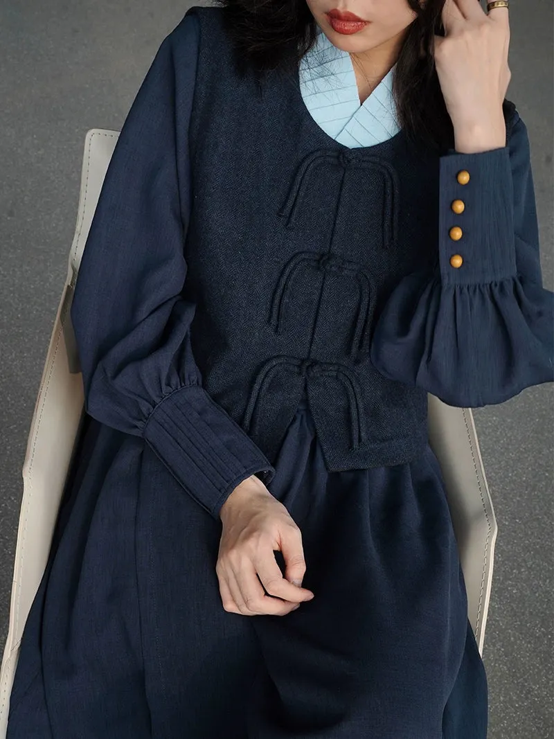 Luzhou 鹭洲 Modernized Ming Qing Wool Vest Majia Cross Collared Tieli Dress Daily Set