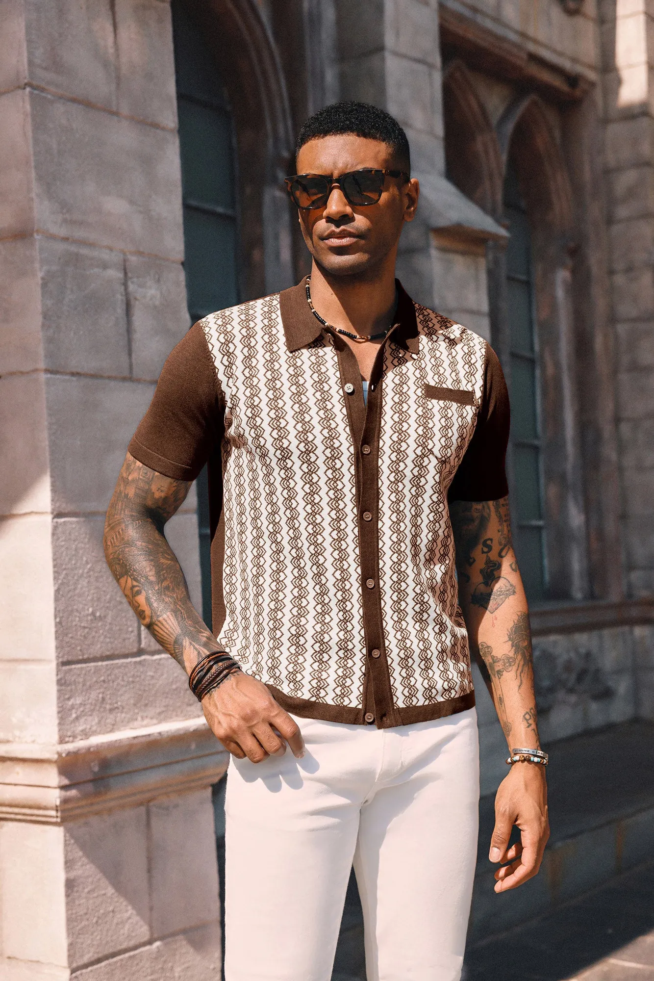 Men Contrast Color Cardigan Short Sleeve Lapel Collar Button-up Knitwear