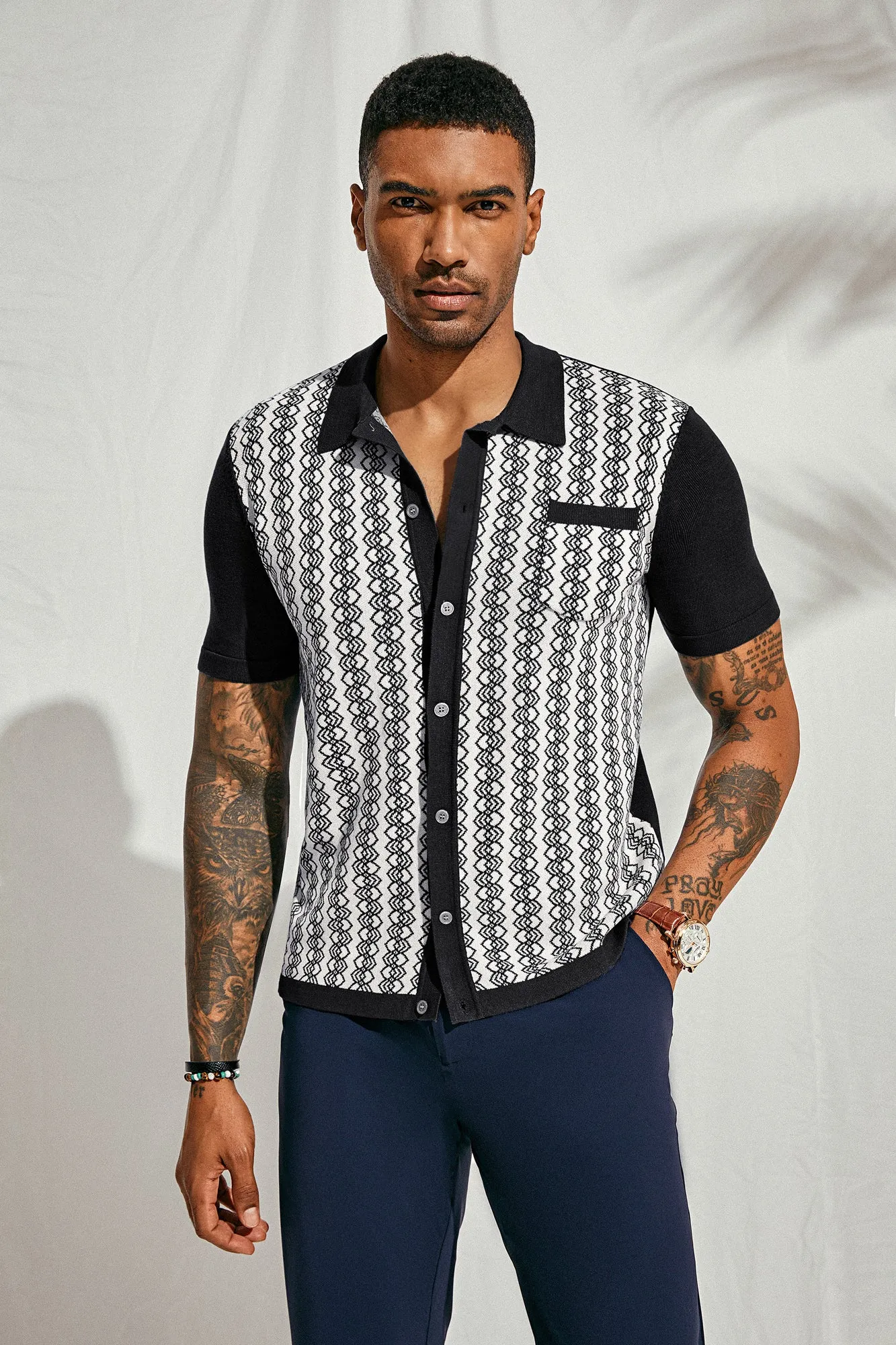 Men Contrast Color Cardigan Short Sleeve Lapel Collar Button-up Knitwear