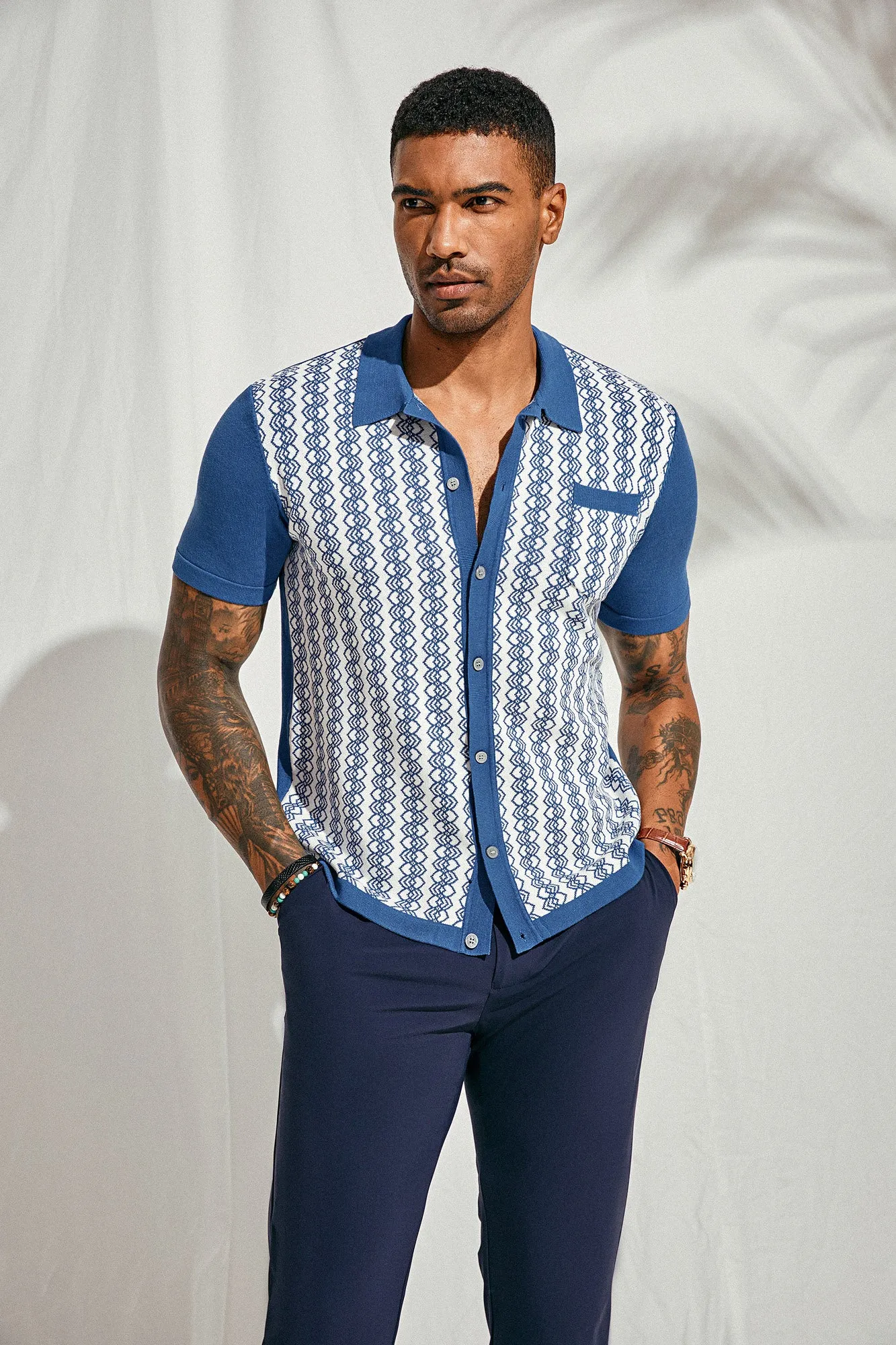 Men Contrast Color Cardigan Short Sleeve Lapel Collar Button-up Knitwear