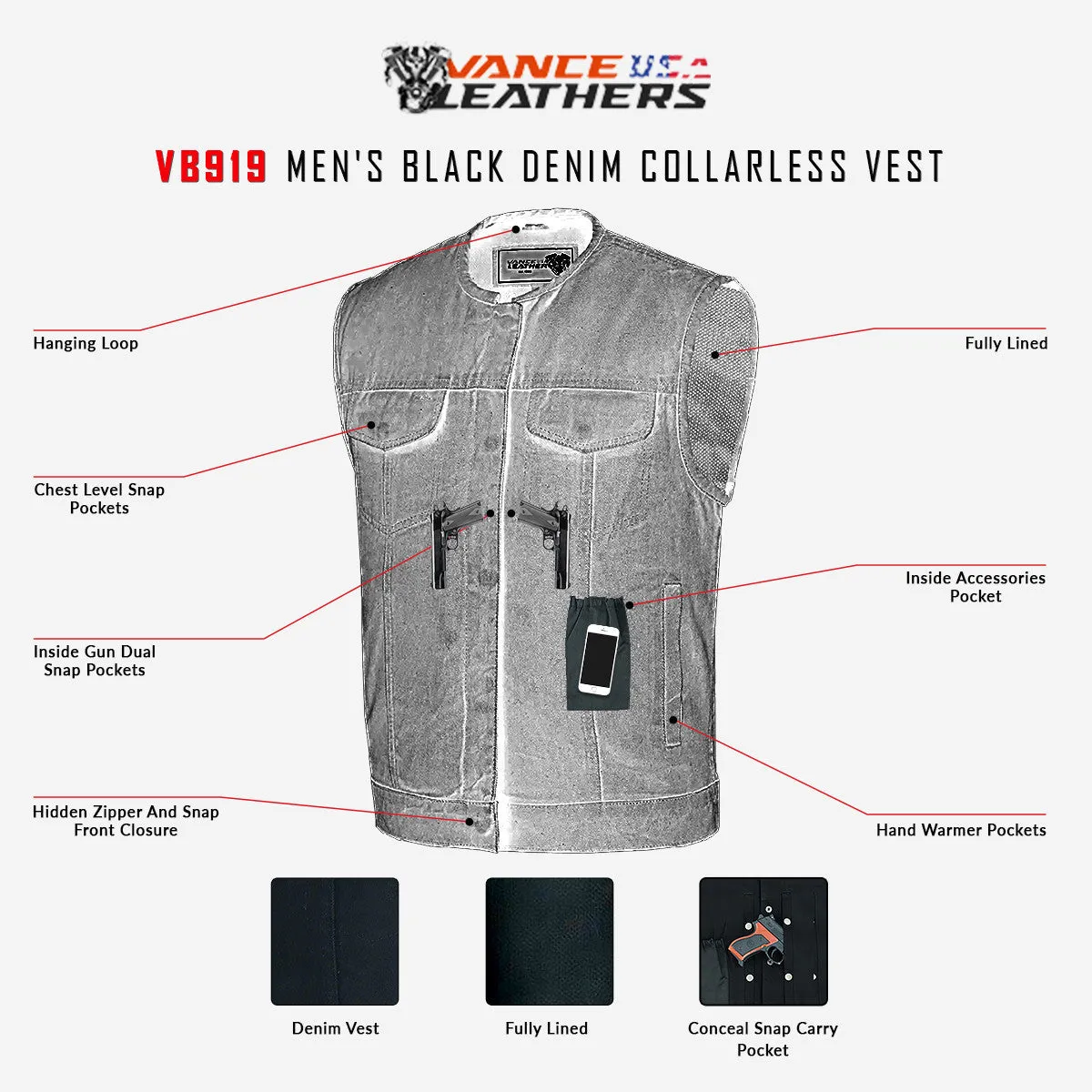 Men's Black Denim Collarless Club Vest with Conceal Carry Pockets