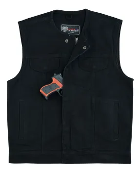 Men's Black Denim Collarless Club Vest with Conceal Carry Pockets