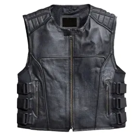 Mens Black Leather Swat Style Motorcycle Vest