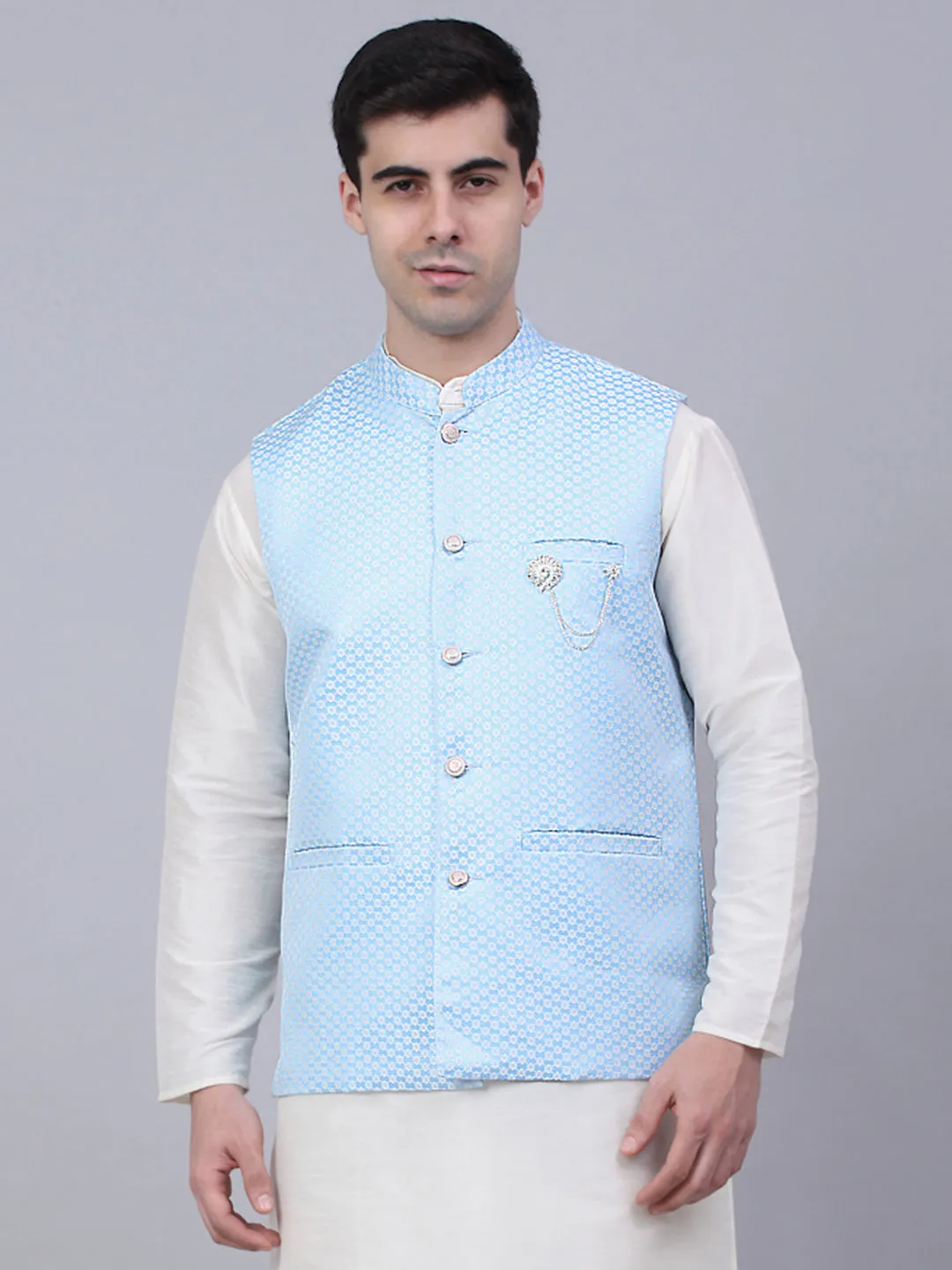 Men'S Blue Woven Design Waistcoats