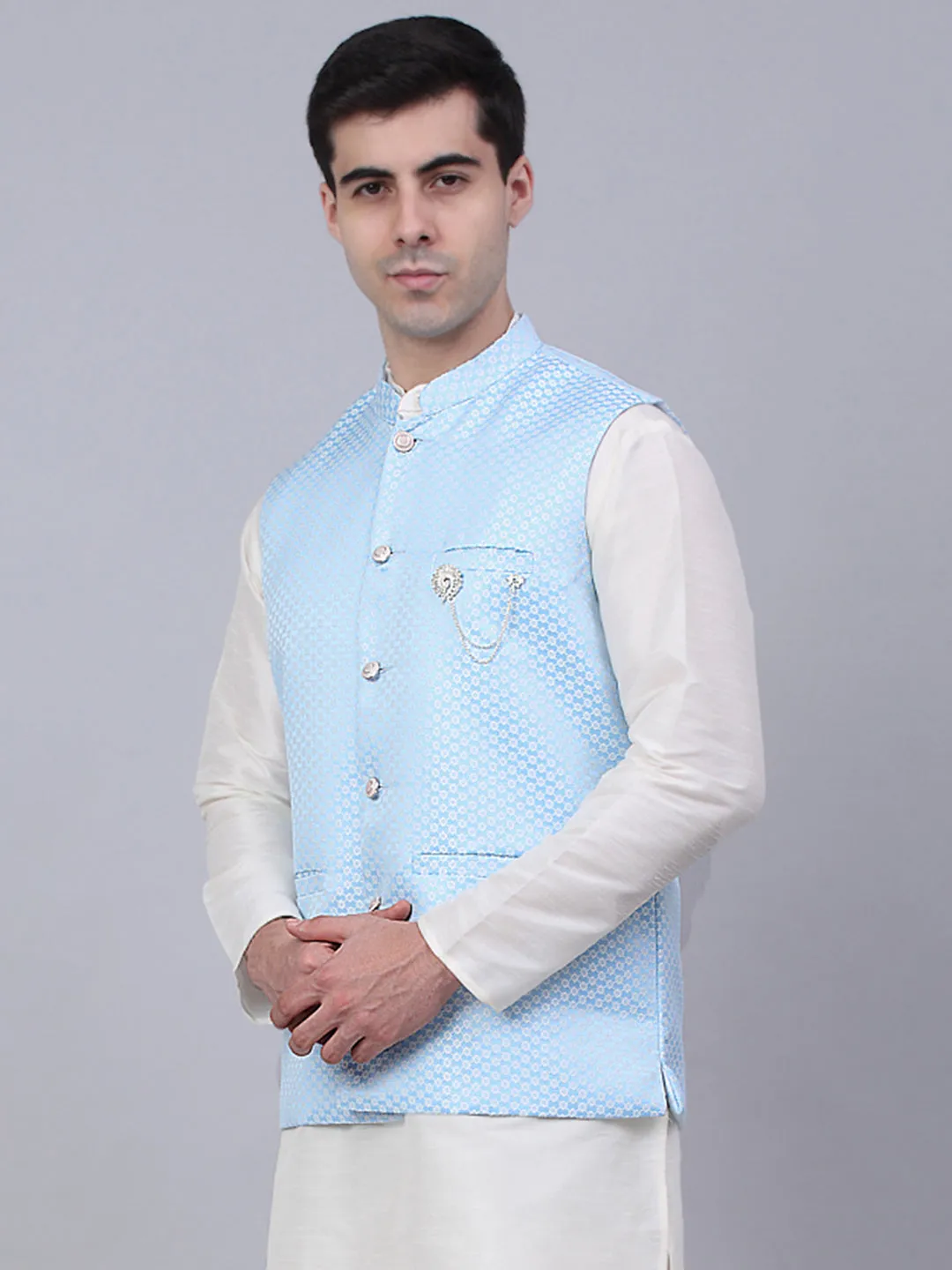 Men'S Blue Woven Design Waistcoats