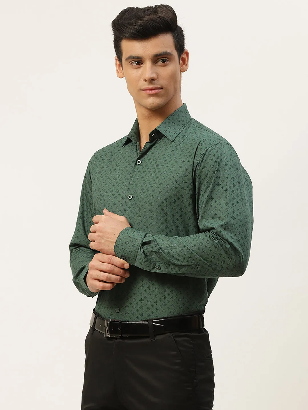 Mens Cotton Dark Green & Navy Blue Printed Formal Shirt - Sojanya