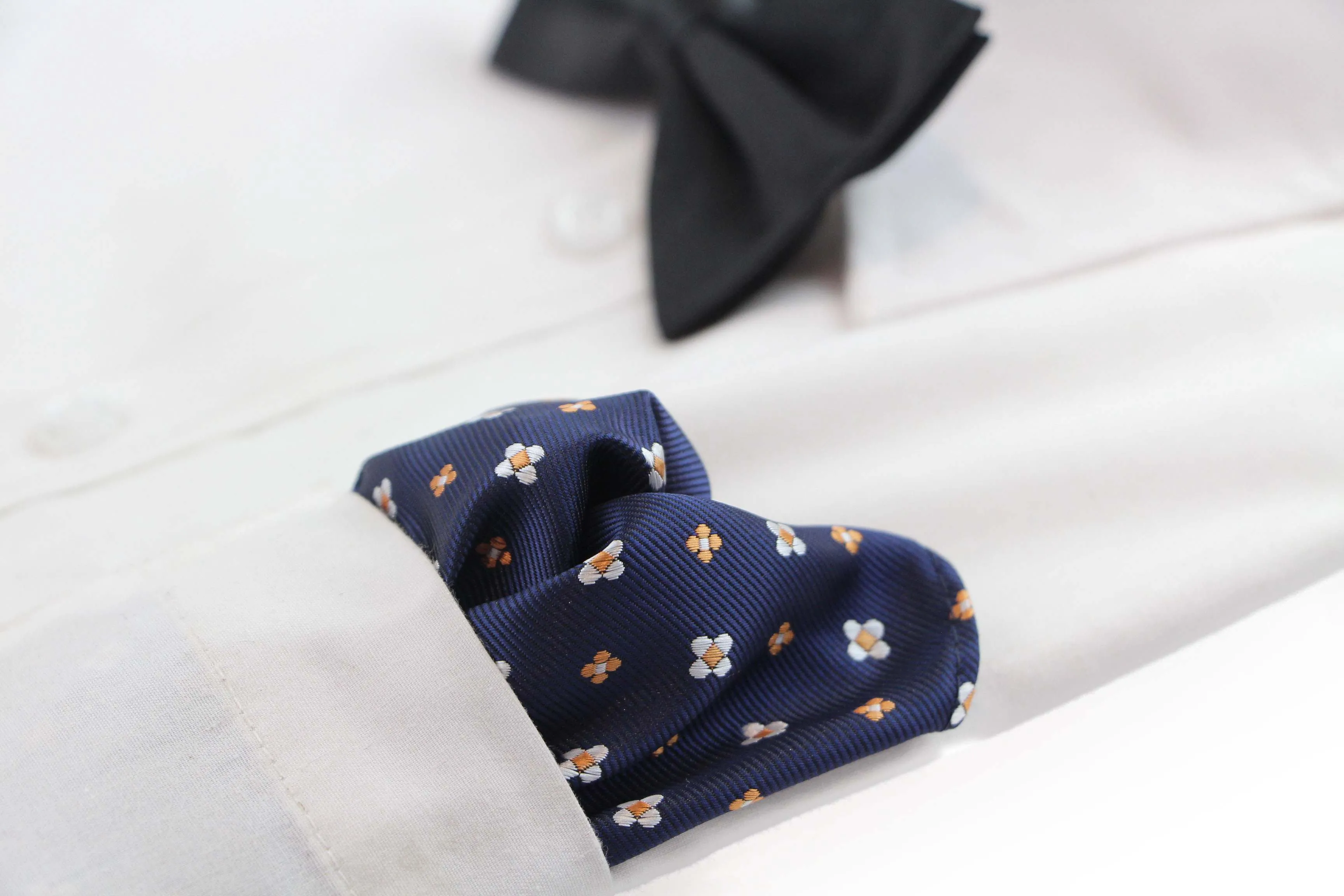 Mens Navy & Orange Flower Silk Pocket Square