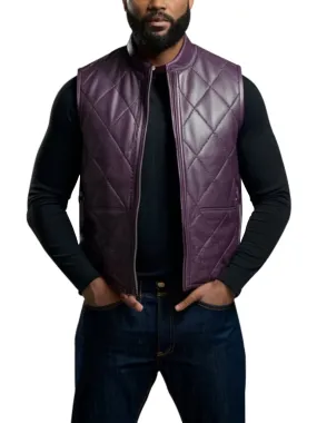 Men's Quilted Purple Leather Vest with Zipper Closure