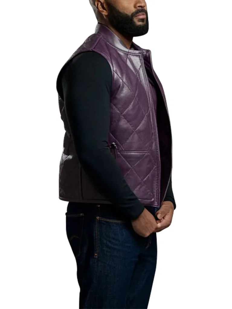 Men's Quilted Purple Leather Vest with Zipper Closure