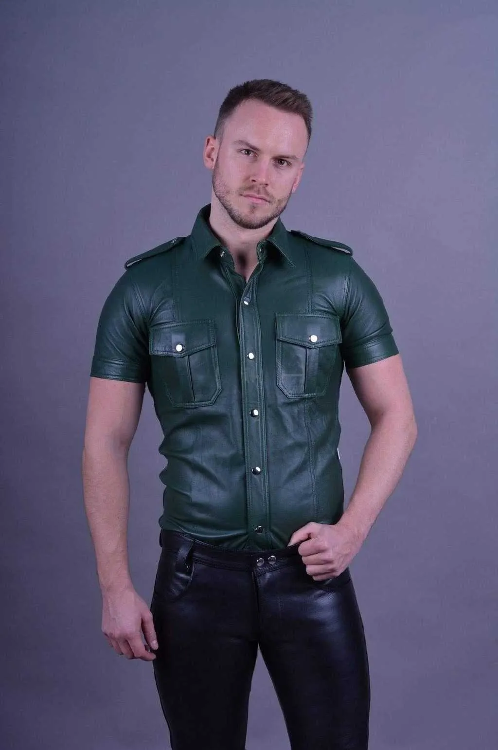 Men's Red Leather Short Sleeve Button Up Shirt