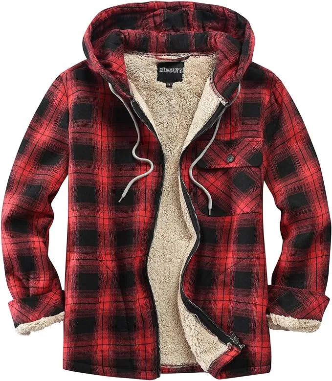 Men's Sherpa Orange & Black Plaid Hooded Long Sleeve Jacket