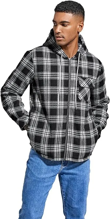 Men's Sherpa Orange & Black Plaid Hooded Long Sleeve Jacket