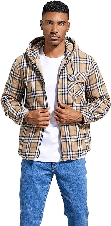 Men's Sherpa Orange & Black Plaid Hooded Long Sleeve Jacket