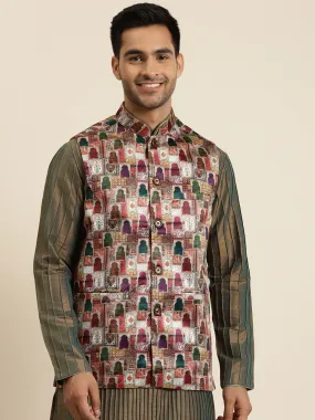 Men's Silk Blend Magenta Printed ONLY Nehru Jacket - Sojanya