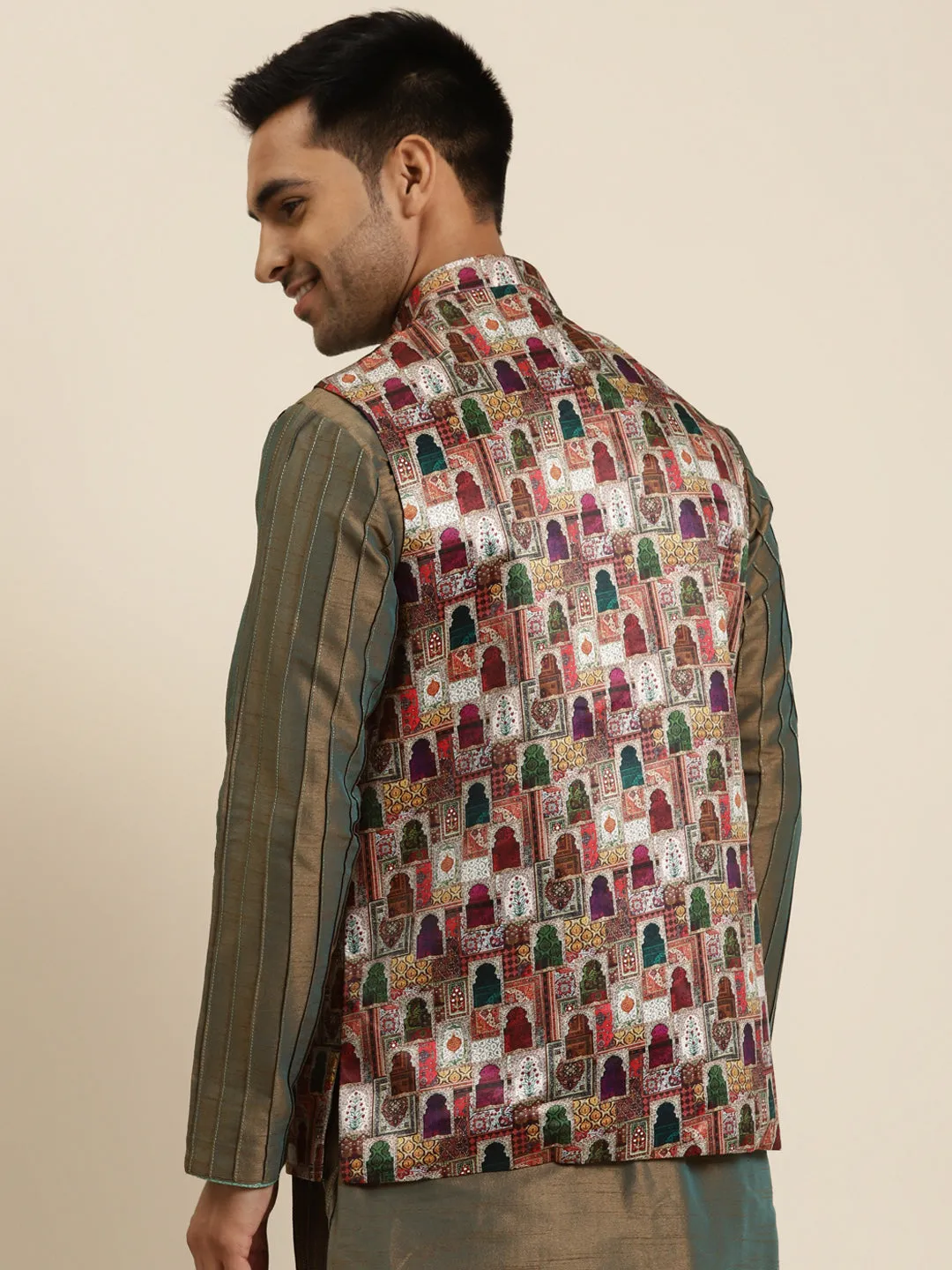 Men's Silk Blend Magenta Printed ONLY Nehru Jacket - Sojanya