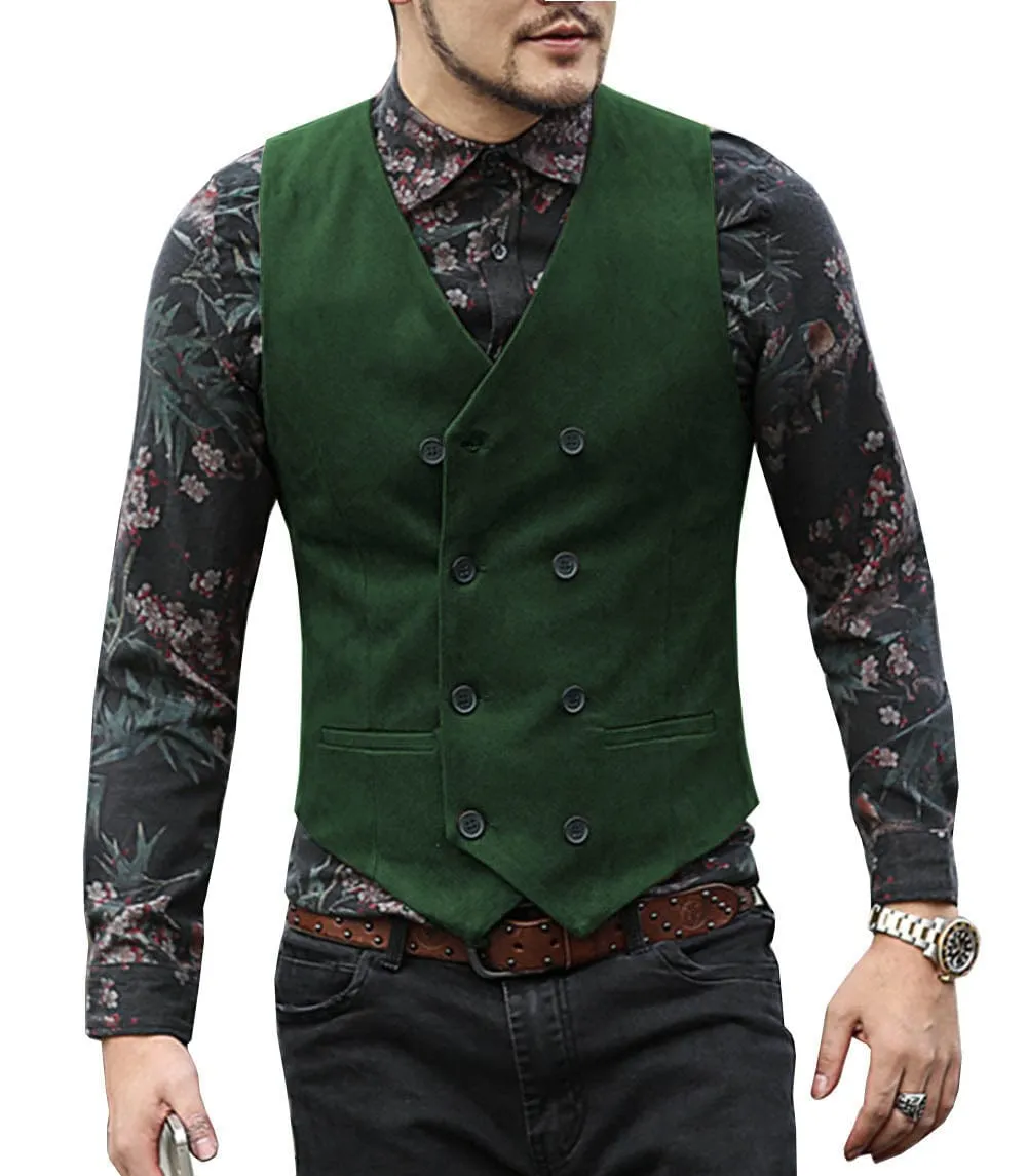 Men's Suede Cowboy Double Breasted Slim Fit V Neck Waistcoat