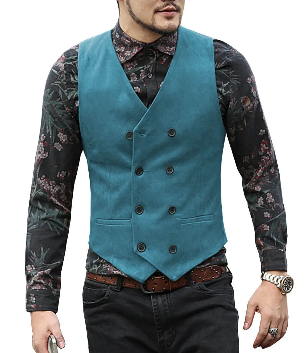 Men's Suede Cowboy Double Breasted Slim Fit V Neck Waistcoat