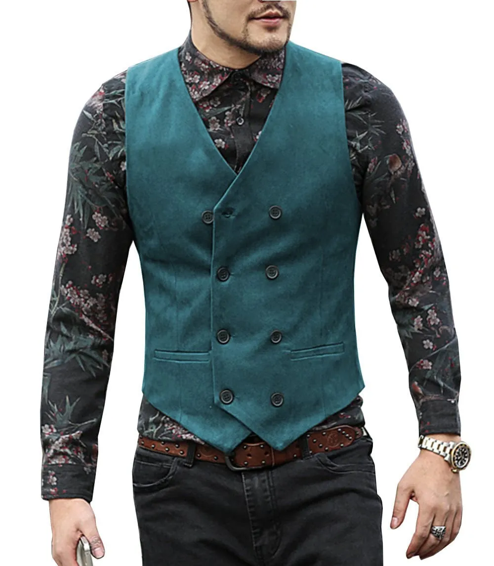 Men's Suede Cowboy Double Breasted Slim Fit V Neck Waistcoat