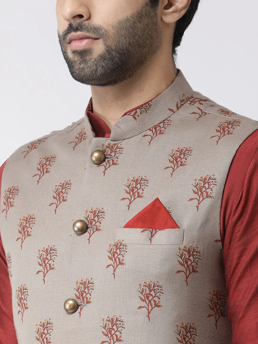 Men's Taupe Kurta Jacket Churidar Set