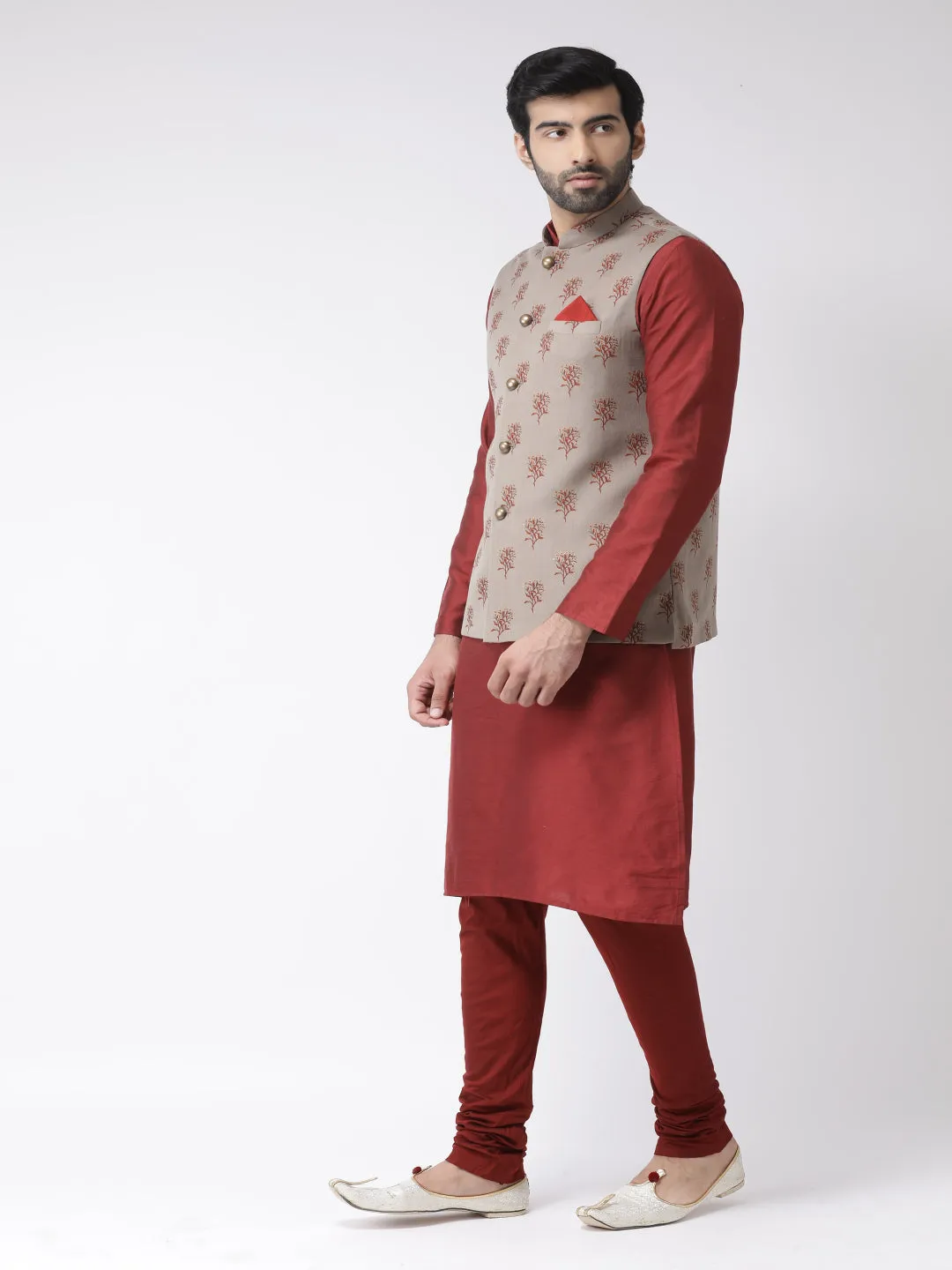 Men's Taupe Kurta Jacket Churidar Set