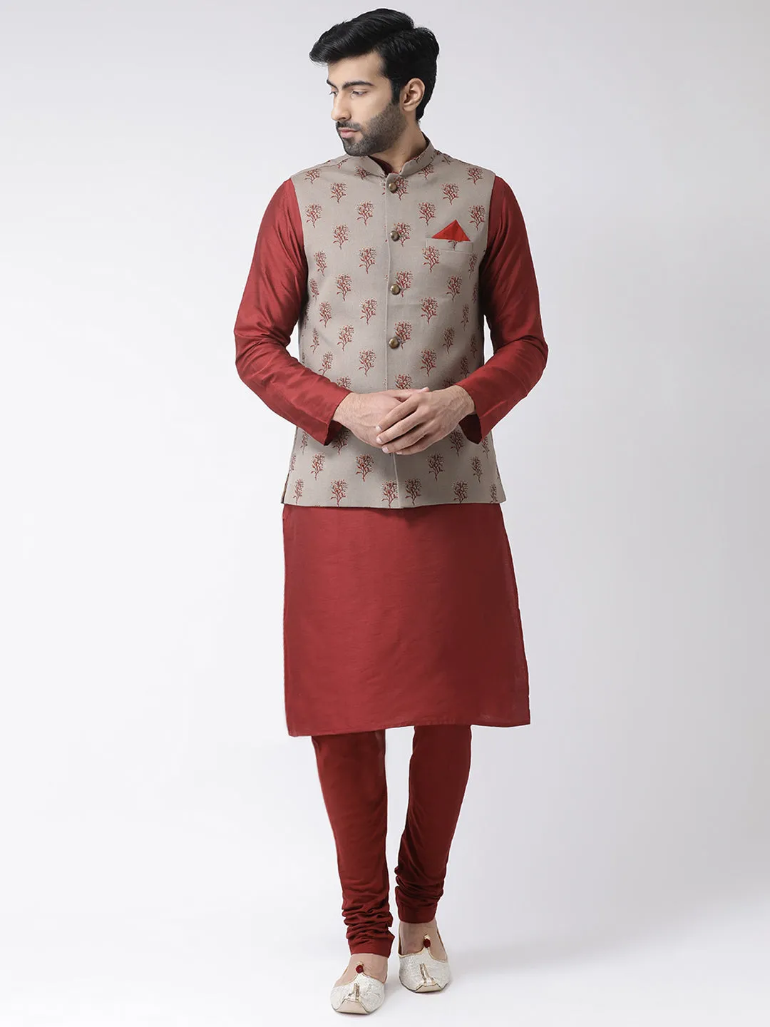 Men's Taupe Kurta Jacket Churidar Set