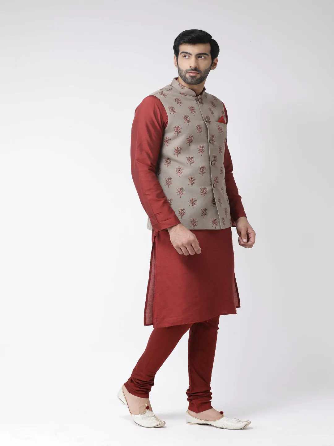 Men's Taupe Kurta Jacket Churidar Set