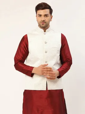 Men'S White & Gold Embossed Nehru Jacket