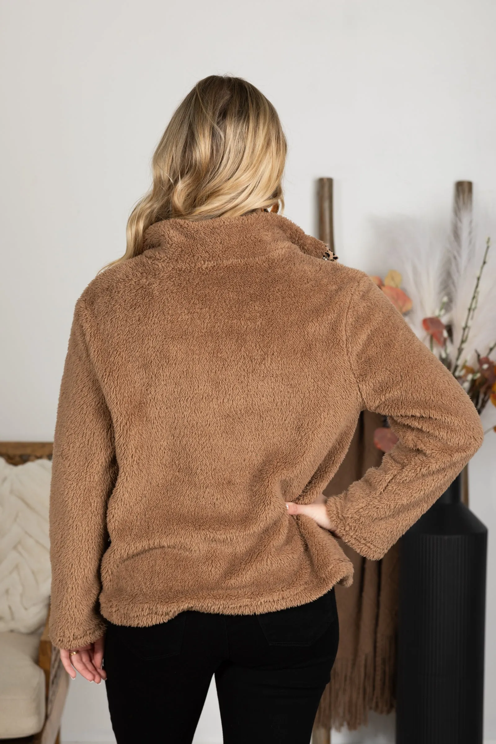 Mocha Sherpa Jacket With Animal Print Trim