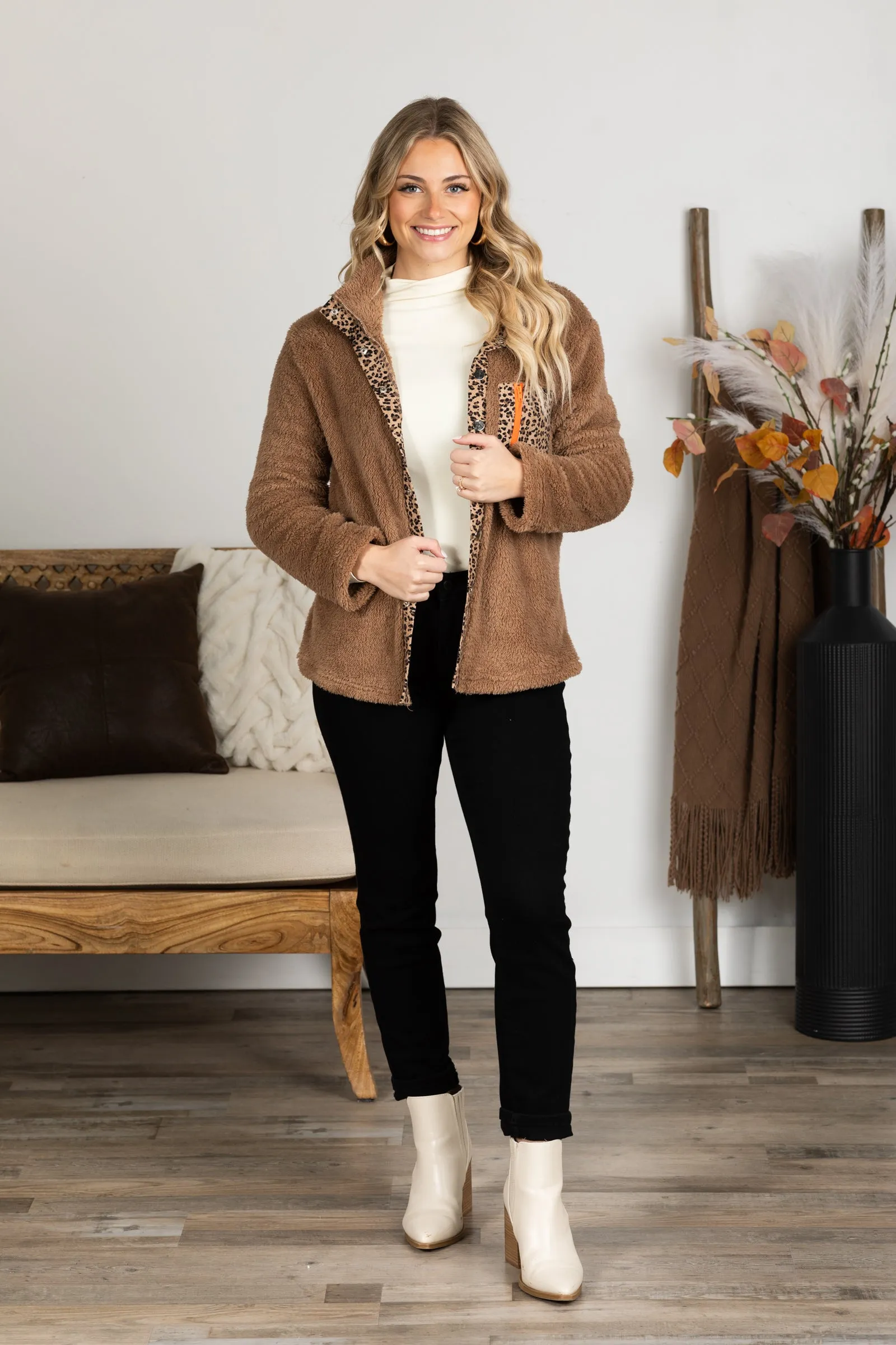 Mocha Sherpa Jacket With Animal Print Trim