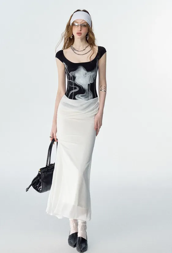 Monochrome Illusion Layered Vest Dress