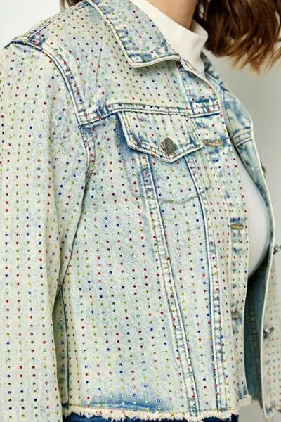 Multi Color Stripe Rhinestone Raw Hem Denim Jacket