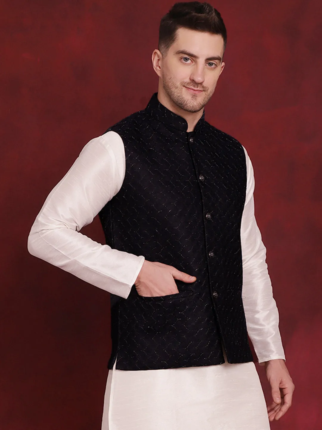 Navy Blue Woven Design Nehru Jacket